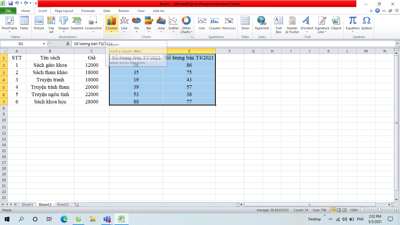 vẽ biểu đồ trong excel