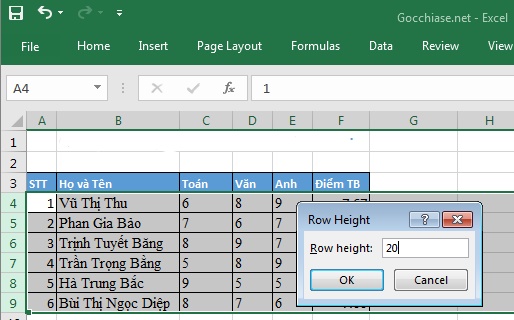 giãn dòng trong excel