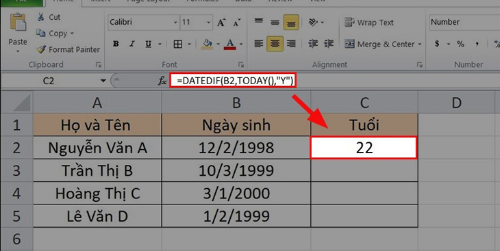 cách tính tuổi trong excel